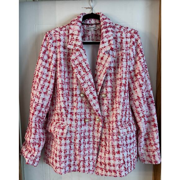 Nanette Lepore Women’s Two Pearl Button Boucle Tweed Blazer Size 14 Pink White - Picture 2 of 7